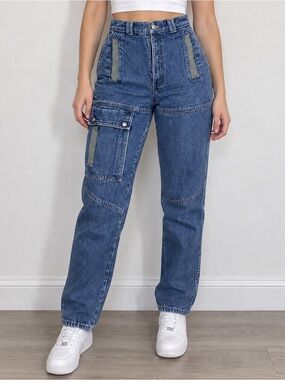 Vintage 80s Sweet Cheeks High Rise Cargo Utility Jeans Leather trim 23–24” Waist